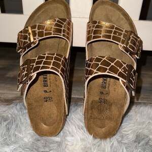 Birkenstock Arizona Gator Gleam Copper Two-Strap Comfort Sandals